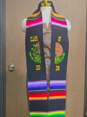 Mexican Graduation Sash Class 2026 Stole Multicolor and Black on Gold Embroider